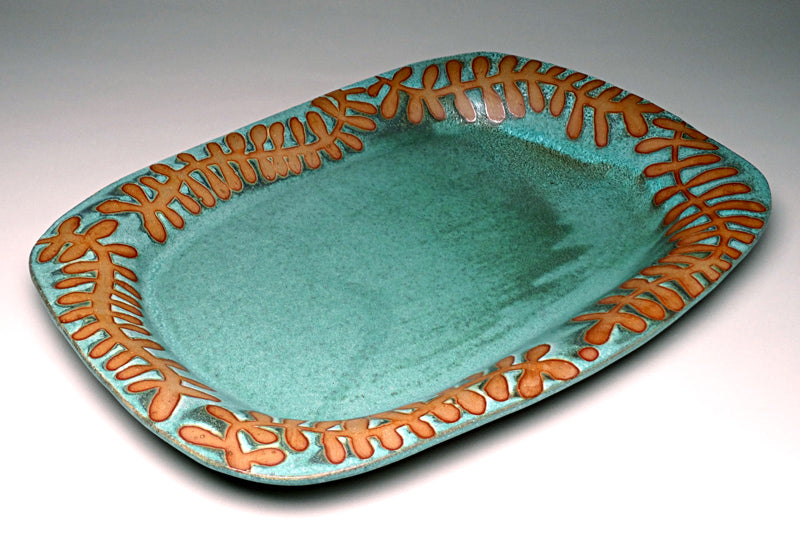 Large Serving Platter in Green Matte with Fern Glaze