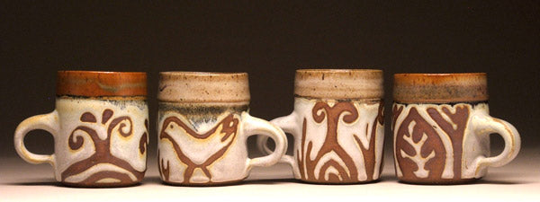 Smaller Mugs in Periwinkle Sprout, Bird, Onion and Leaf