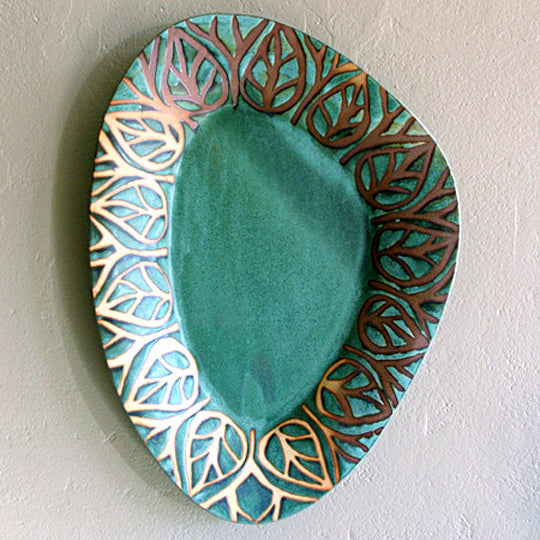 Huge Triangular Oval Platter in Green Matte with Leaf Glaze
