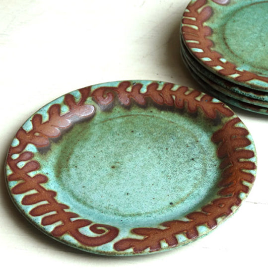 Cocktail Plate in Green Matte with Fern Glaze