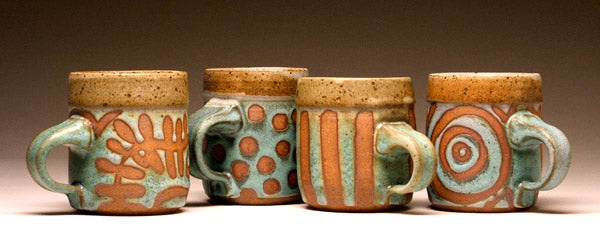 Smaller Mugs in Green Fern, Green Dot, Green Stripe, and Green Bullseye Glaze