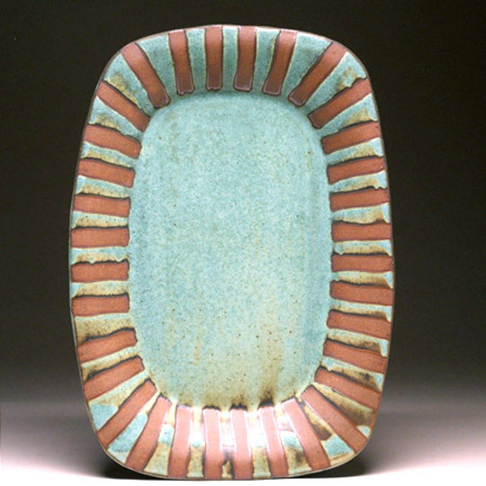 Medium Serving Platter in Green Matte with Stripe Glaze