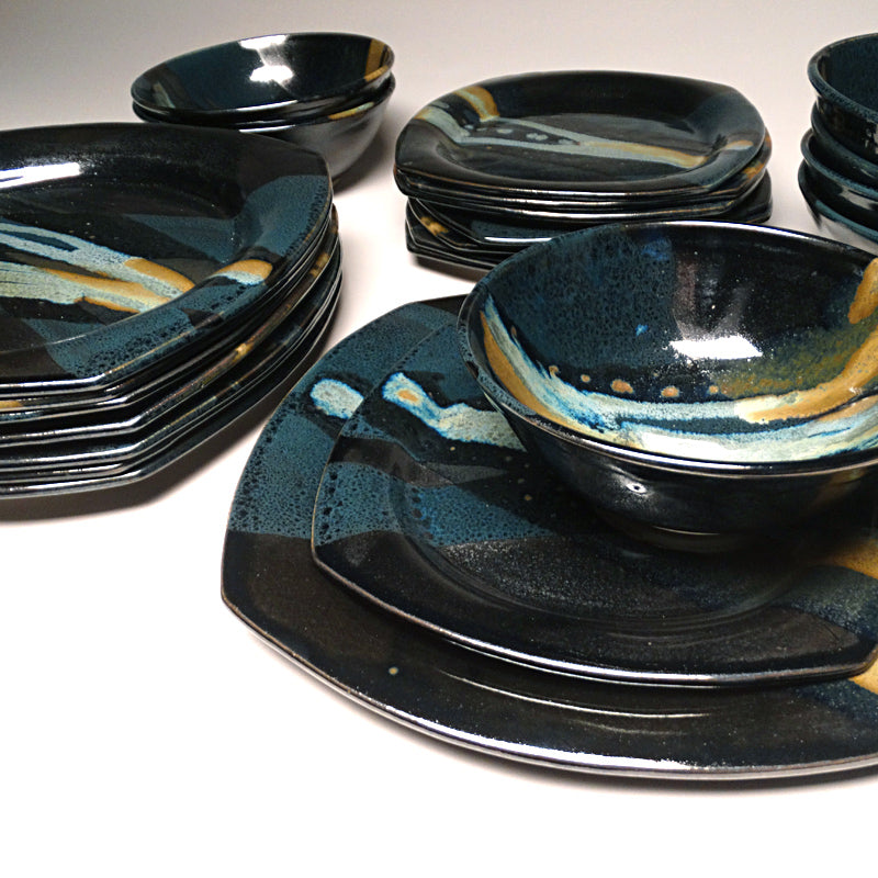 Dinnerware Set in Black and Teal