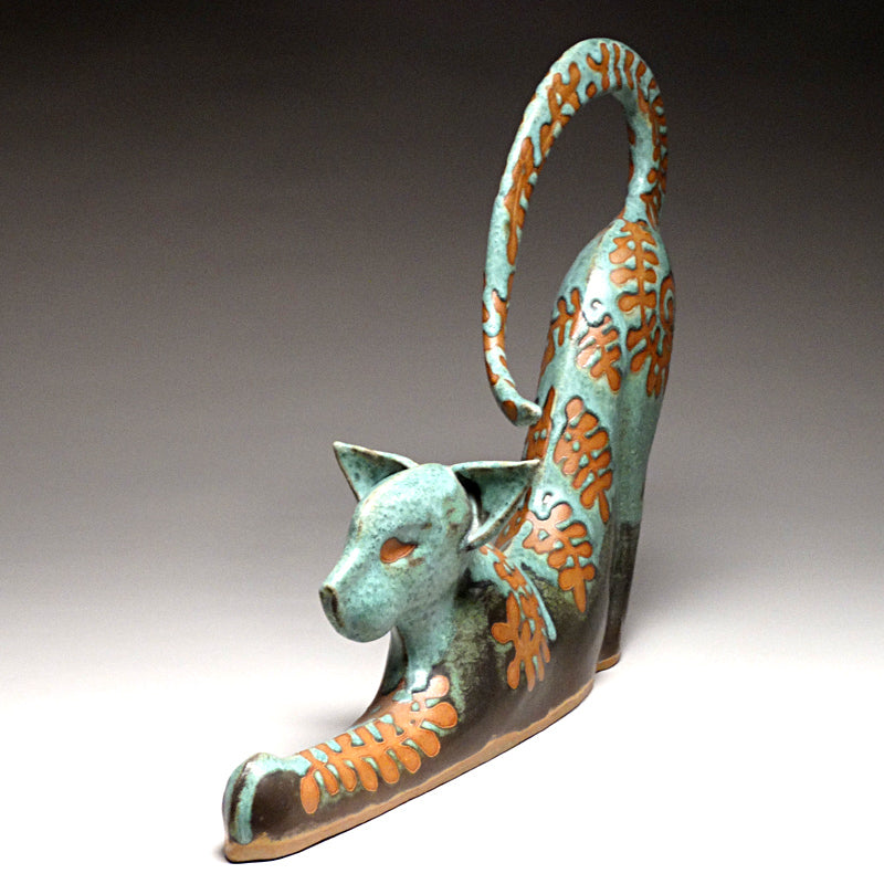 Stretching Yoga Cat in Green with Ferns