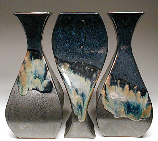 Triptych Vase Grouping in Black and Teal Glaze